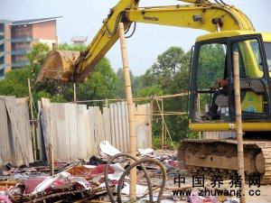 随着轰鸣的挖掘机不停作业，牛西村口一处已搬空的窝棚被拆除